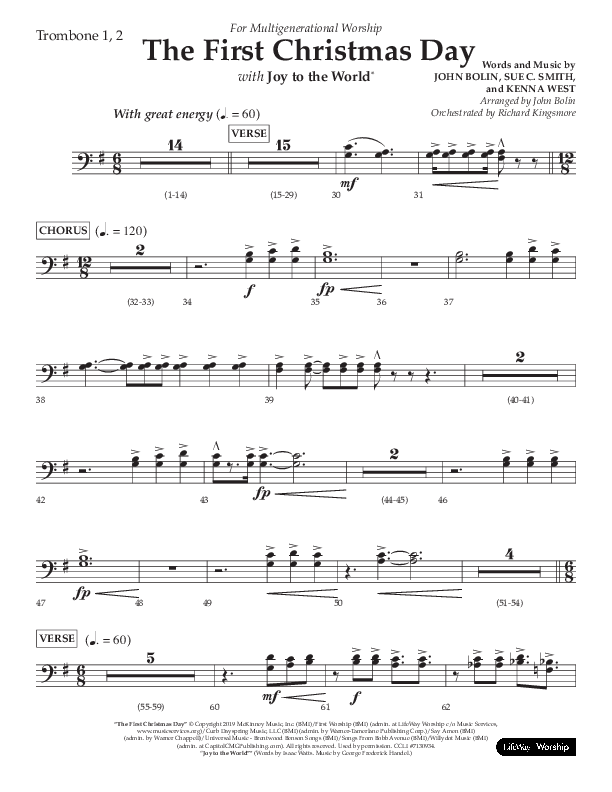 The First Christmas Day (with Joy To The World) (Choral Anthem SATB) Trombone 1/2 (Lifeway Choral / Arr. John Bolin)