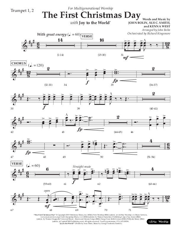 The First Christmas Day (with Joy To The World) (Choral Anthem SATB) Trumpet 1,2 (Lifeway Choral / Arr. John Bolin)