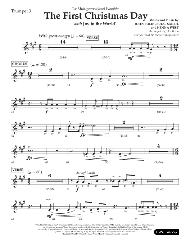 The First Christmas Day (with Joy To The World) (Choral Anthem SATB) Trumpet 3 (Lifeway Choral / Arr. John Bolin)