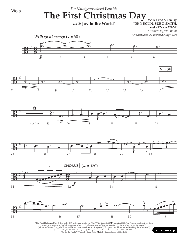 The First Christmas Day (with Joy To The World) (Choral Anthem SATB) Viola (Lifeway Choral / Arr. John Bolin)