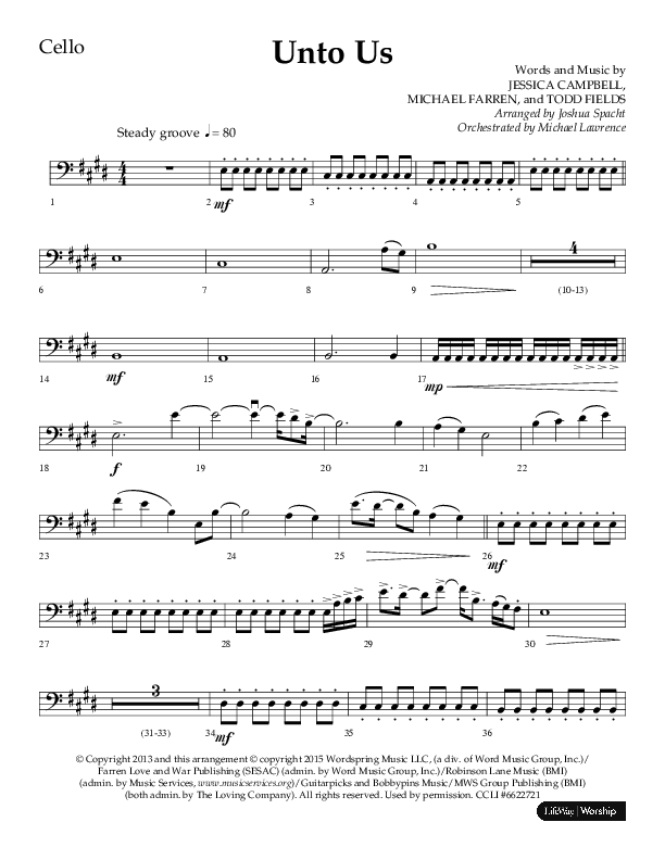 Unto Us (Choral Anthem SATB) Cello (Lifeway Choral / Arr. Joshua Spacht)