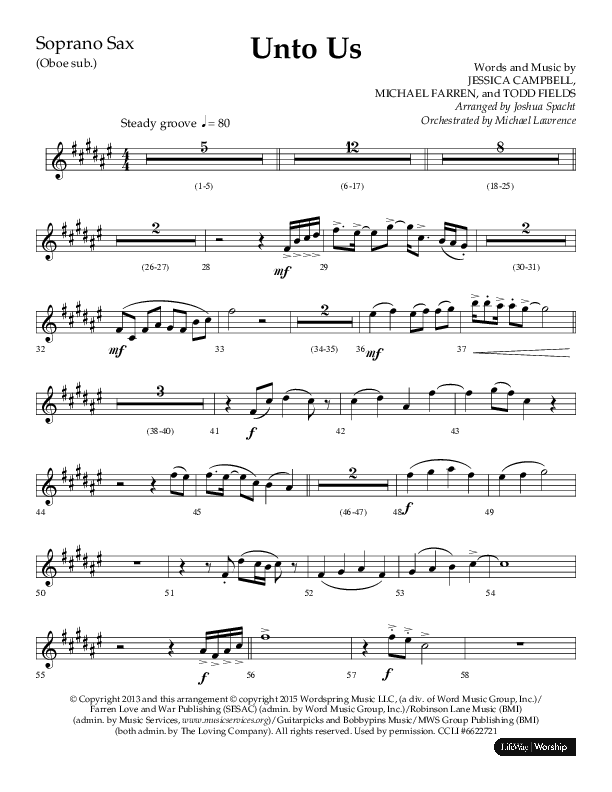 Unto Us (Choral Anthem SATB) Soprano Sax (Lifeway Choral / Arr. Joshua Spacht)