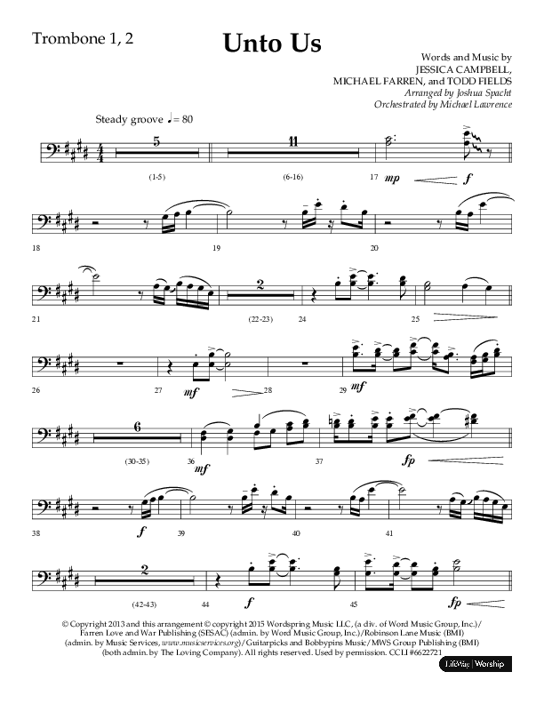 Unto Us (Choral Anthem SATB) Trombone 1/2 (Lifeway Choral / Arr. Joshua Spacht)