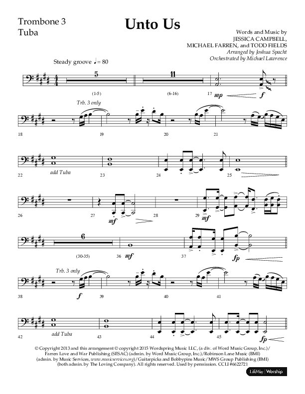 Unto Us (Choral Anthem SATB) Trombone 3/Tuba (Lifeway Choral / Arr. Joshua Spacht)