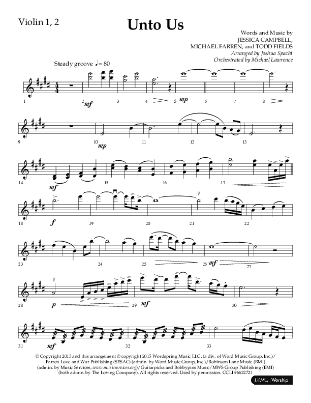 Unto Us (Choral Anthem SATB) Violin 1/2 (Lifeway Choral / Arr. Joshua Spacht)