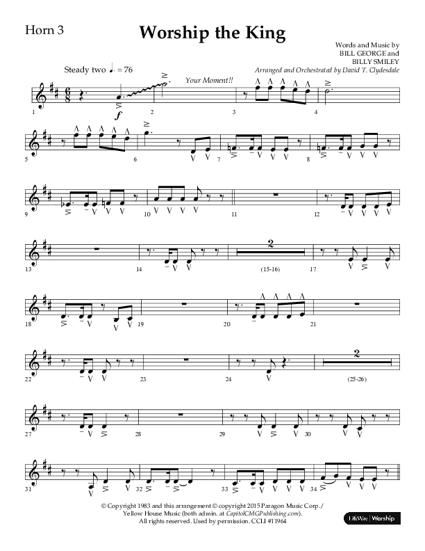 Worship The King (Choral Anthem SATB) French Horn 3 (Lifeway Choral / Arr. David Clydesdale)