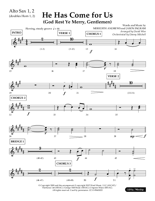 He Has Come For Us (God Rest Ye Merry Gentleman) (Choral Anthem SATB) Alto Sax 1/2 (Orch. Danny Mitchell / Arr. David Wise / Lifeway Choral)