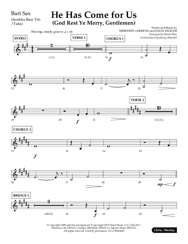 He Has Come For Us (God Rest Ye Merry Gentleman) (Choral Anthem SATB) Bari Sax (Orch. Danny Mitchell / Arr. David Wise / Lifeway Choral)