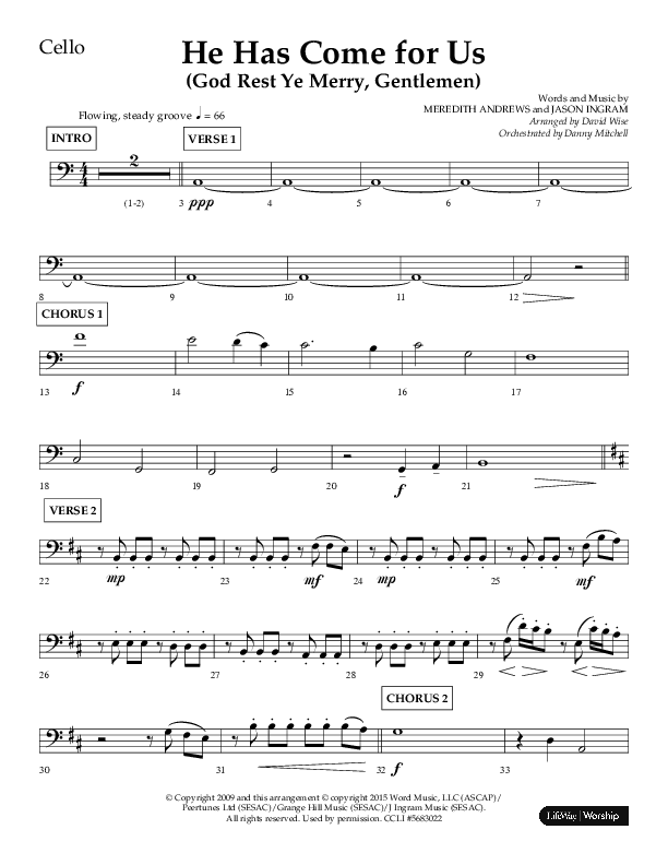 He Has Come For Us (God Rest Ye Merry Gentleman) (Choral Anthem SATB) Cello (Orch. Danny Mitchell / Arr. David Wise / Lifeway Choral)