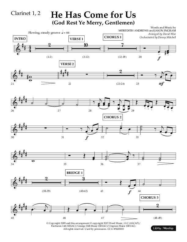 He Has Come For Us (God Rest Ye Merry Gentleman) (Choral Anthem SATB) Clarinet 1/2 (Orch. Danny Mitchell / Arr. David Wise / Lifeway Choral)