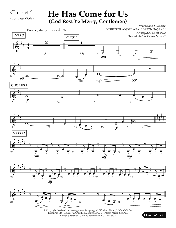 He Has Come For Us (God Rest Ye Merry Gentleman) (Choral Anthem SATB) Clarinet 3 (Orch. Danny Mitchell / Arr. David Wise / Lifeway Choral)