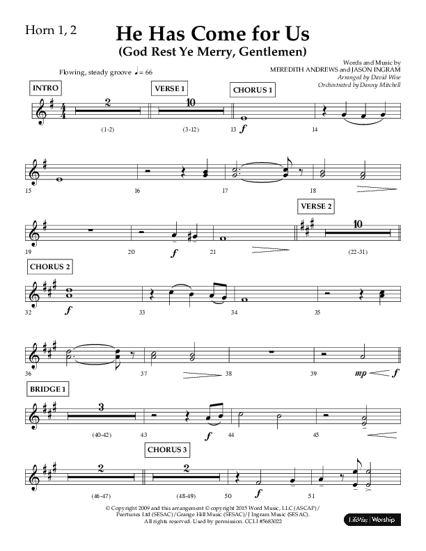 He Has Come For Us (God Rest Ye Merry Gentleman) (Choral Anthem SATB) French Horn 1/2 (Orch. Danny Mitchell / Arr. David Wise / Lifeway Choral)