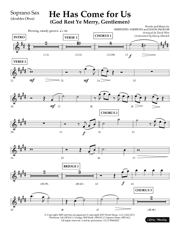 He Has Come For Us (God Rest Ye Merry Gentleman) (Choral Anthem SATB) Soprano Sax (Orch. Danny Mitchell / Arr. David Wise / Lifeway Choral)