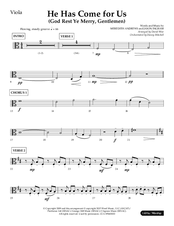 He Has Come For Us (God Rest Ye Merry Gentleman) (Choral Anthem SATB) Viola (Orch. Danny Mitchell / Arr. David Wise / Lifeway Choral)