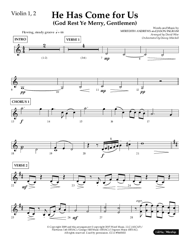 He Has Come For Us (God Rest Ye Merry Gentleman) (Choral Anthem SATB) Violin 1/2 (Orch. Danny Mitchell / Arr. David Wise / Lifeway Choral)