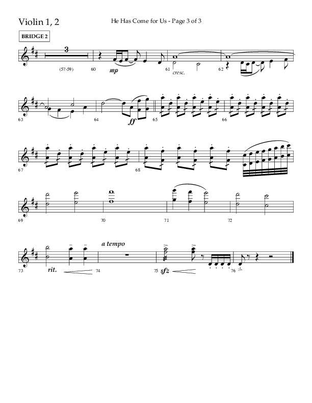 He Has Come For Us (God Rest Ye Merry Gentleman) (Choral Anthem SATB) Violin 1/2 (Orch. Danny Mitchell / Arr. David Wise / Lifeway Choral)