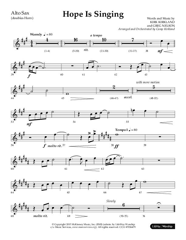 Hope Is Singing (Choral Anthem SATB) Alto Sax (Arr. Camp Kirkland / Lifeway Choral)