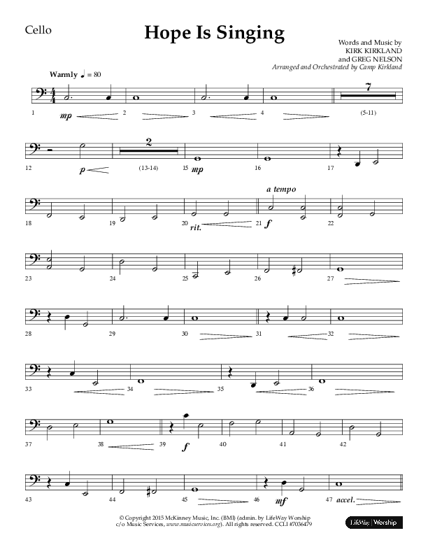 Hope Is Singing (Choral Anthem SATB) Cello (Arr. Camp Kirkland / Lifeway Choral)