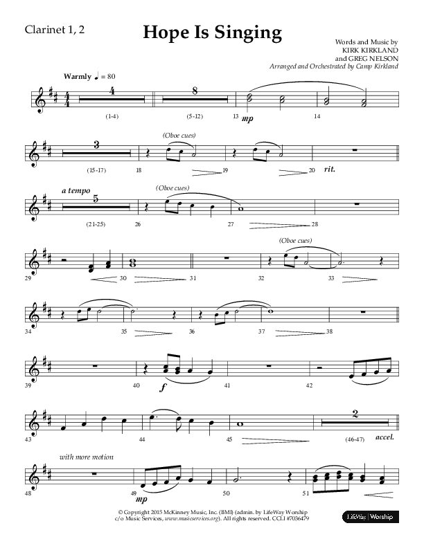 Hope Is Singing (Choral Anthem SATB) Clarinet 1/2 (Arr. Camp Kirkland / Lifeway Choral)