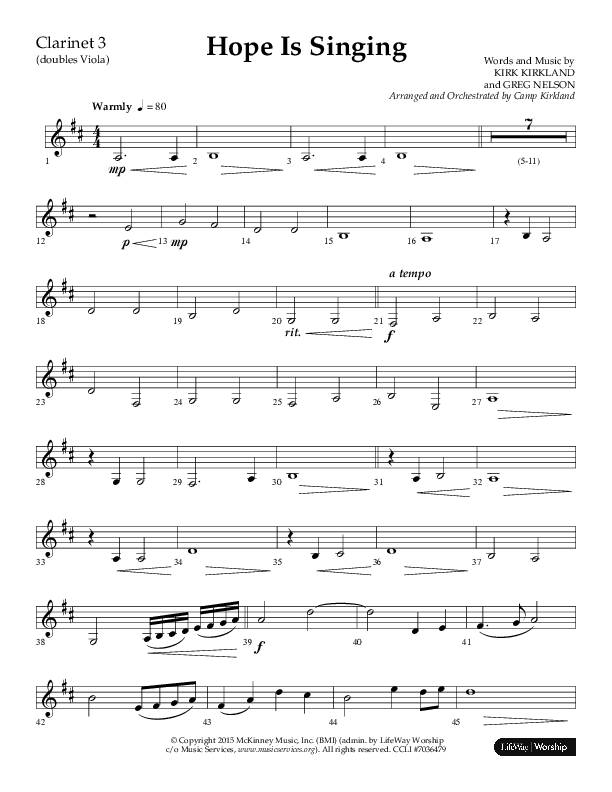 Hope Is Singing (Choral Anthem SATB) Clarinet 3 (Arr. Camp Kirkland / Lifeway Choral)