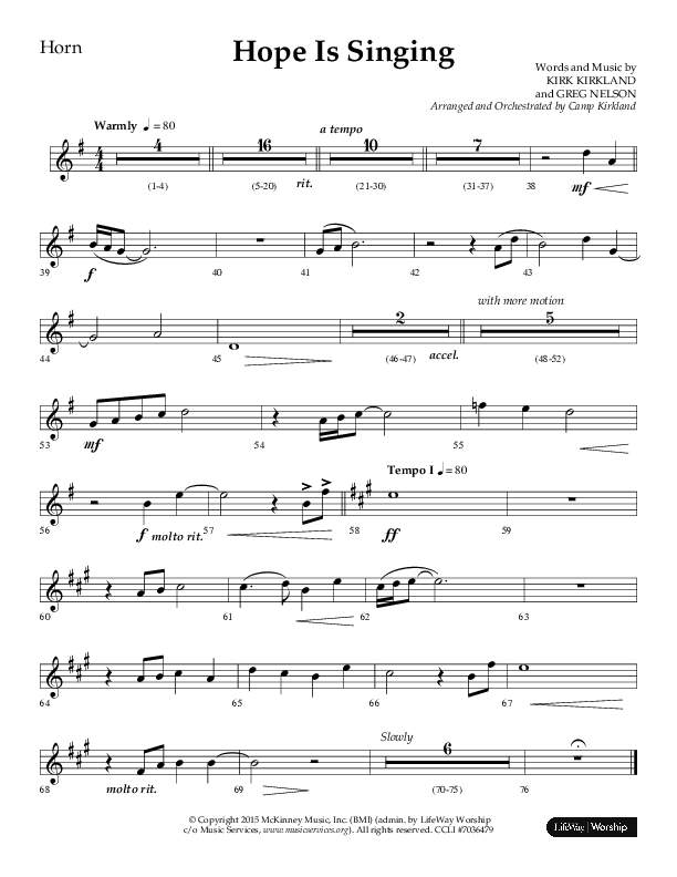 Hope Is Singing (Choral Anthem SATB) French Horn (Arr. Camp Kirkland / Lifeway Choral)
