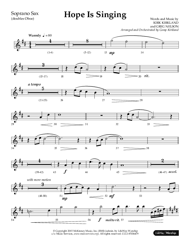 Hope Is Singing (Choral Anthem SATB) Soprano Sax (Arr. Camp Kirkland / Lifeway Choral)