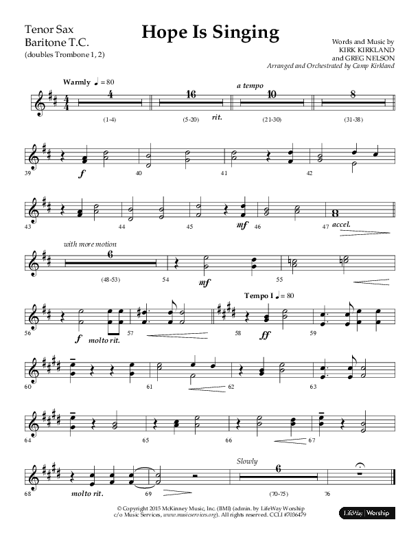 Hope Is Singing (Choral Anthem SATB) Tenor Sax/Baritone T.C. (Arr. Camp Kirkland / Lifeway Choral)