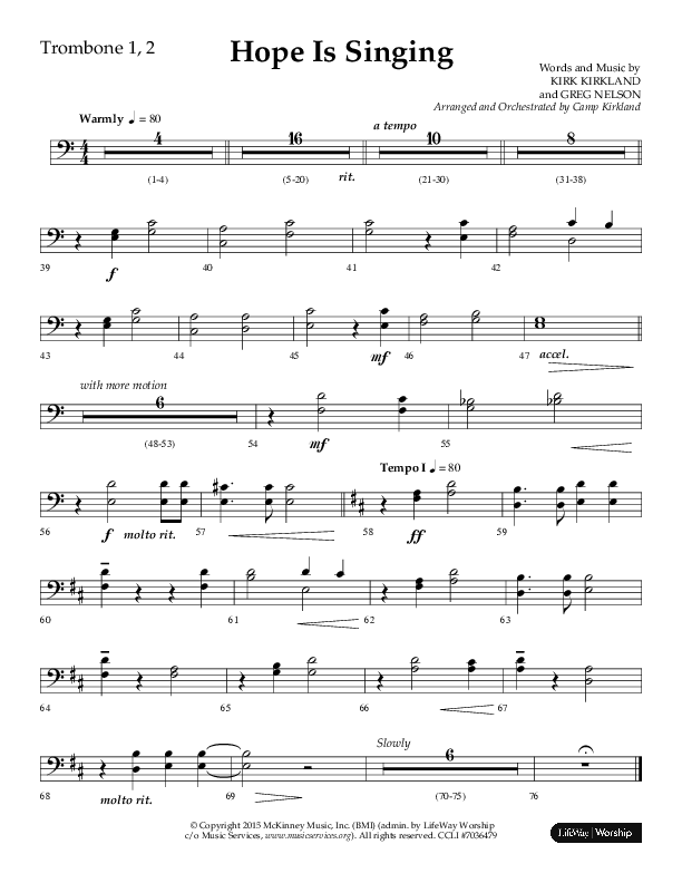Hope Is Singing (Choral Anthem SATB) Trombone 1/2 (Arr. Camp Kirkland / Lifeway Choral)
