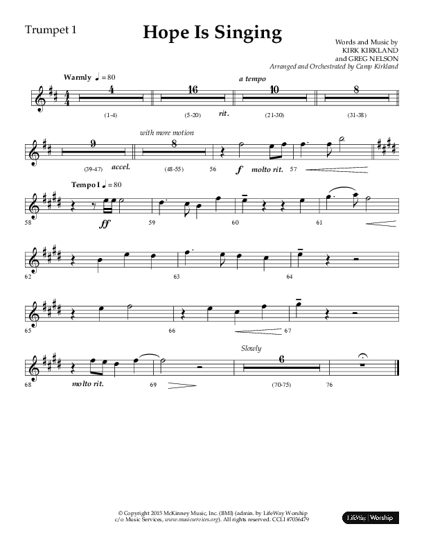 Hope Is Singing (Choral Anthem SATB) Trumpet 1 (Arr. Camp Kirkland / Lifeway Choral)