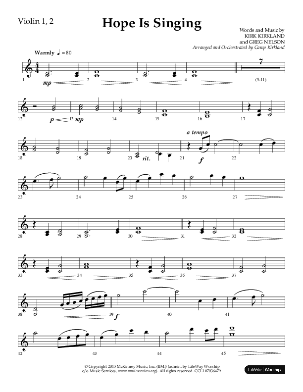 Hope Is Singing (Choral Anthem SATB) Violin 1/2 (Arr. Camp Kirkland / Lifeway Choral)