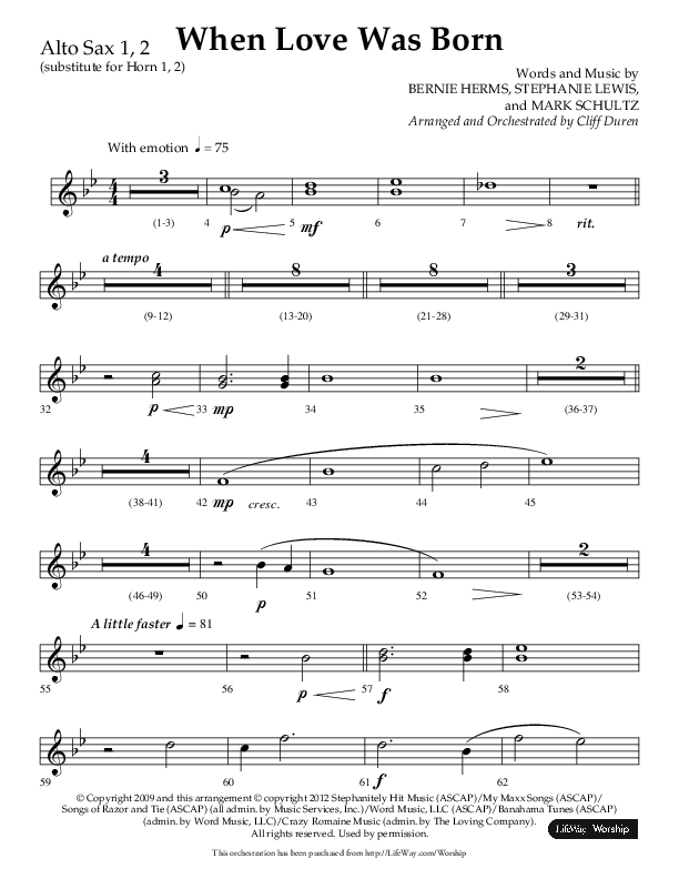 When Love Was Born (Choral Anthem SATB) Alto Sax 1/2 (Lifeway Choral / Arr. Cliff Duren)