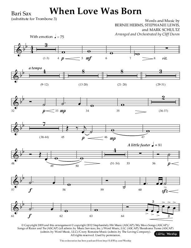 When Love Was Born (Choral Anthem SATB) Bari Sax (Lifeway Choral / Arr. Cliff Duren)