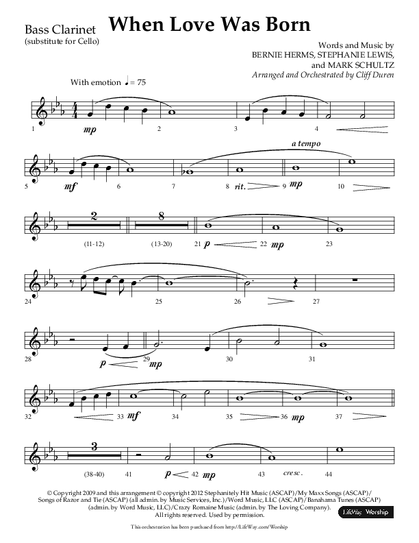 When Love Was Born (Choral Anthem SATB) Bass Clarinet (Lifeway Choral / Arr. Cliff Duren)