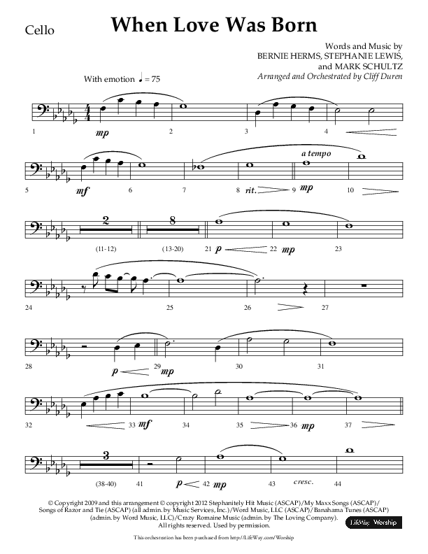 When Love Was Born (Choral Anthem SATB) Cello (Lifeway Choral / Arr. Cliff Duren)