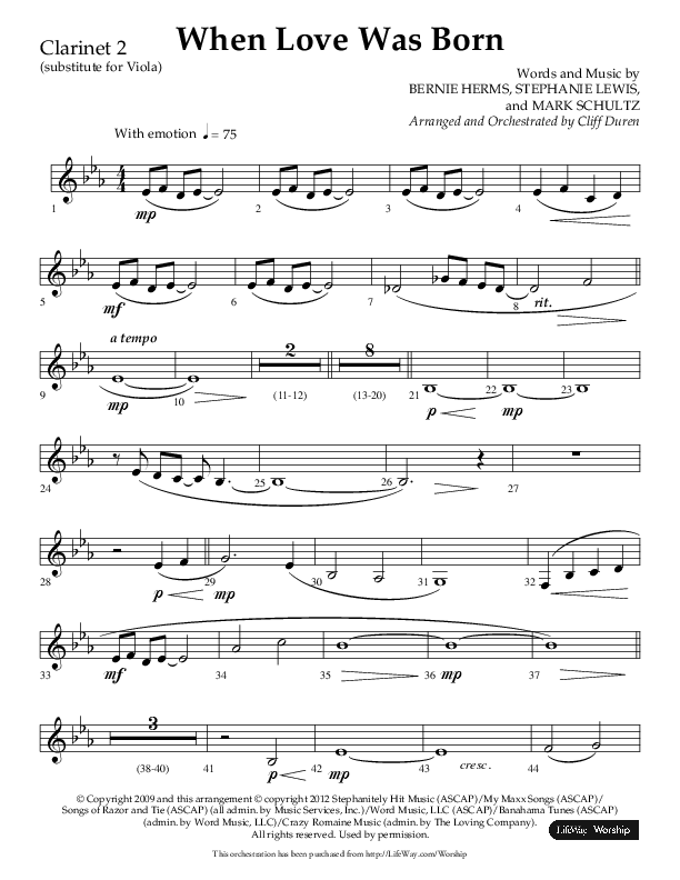 When Love Was Born (Choral Anthem SATB) Clarinet 1/2 (Lifeway Choral / Arr. Cliff Duren)