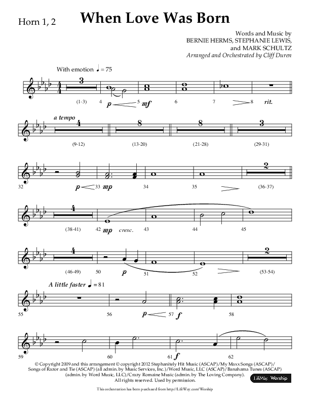 When Love Was Born (Choral Anthem SATB) French Horn 1/2 (Lifeway Choral / Arr. Cliff Duren)