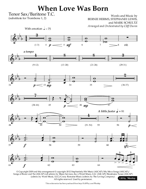 When Love Was Born (Choral Anthem SATB) Tenor Sax/Baritone T.C. (Lifeway Choral / Arr. Cliff Duren)