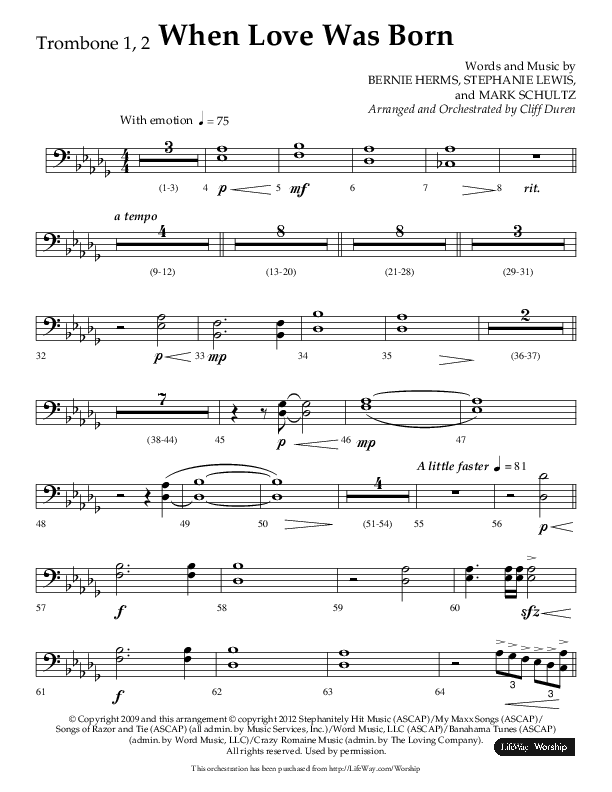 When Love Was Born (Choral Anthem SATB) Trombone 1/2 (Lifeway Choral / Arr. Cliff Duren)