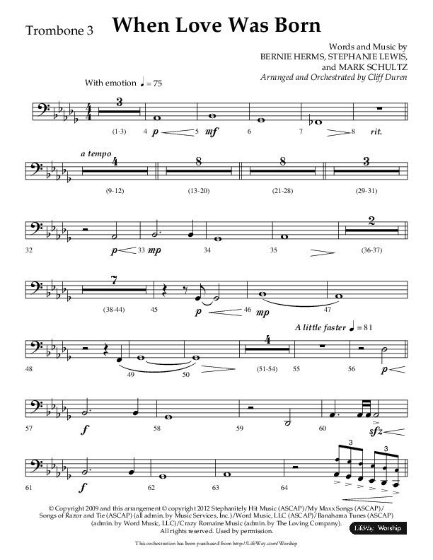 When Love Was Born (Choral Anthem SATB) Trombone 3 (Lifeway Choral / Arr. Cliff Duren)