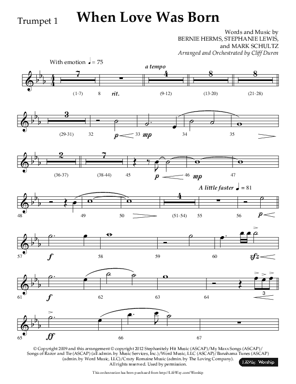 When Love Was Born (Choral Anthem SATB) Trumpet 1 (Lifeway Choral / Arr. Cliff Duren)