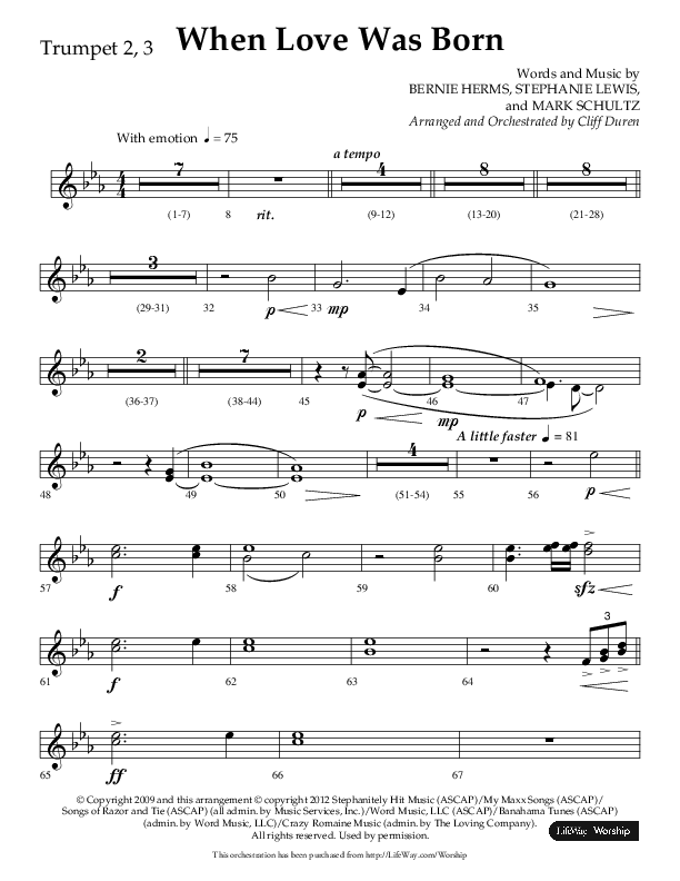 When Love Was Born (Choral Anthem SATB) Trumpet 2/3 (Lifeway Choral / Arr. Cliff Duren)
