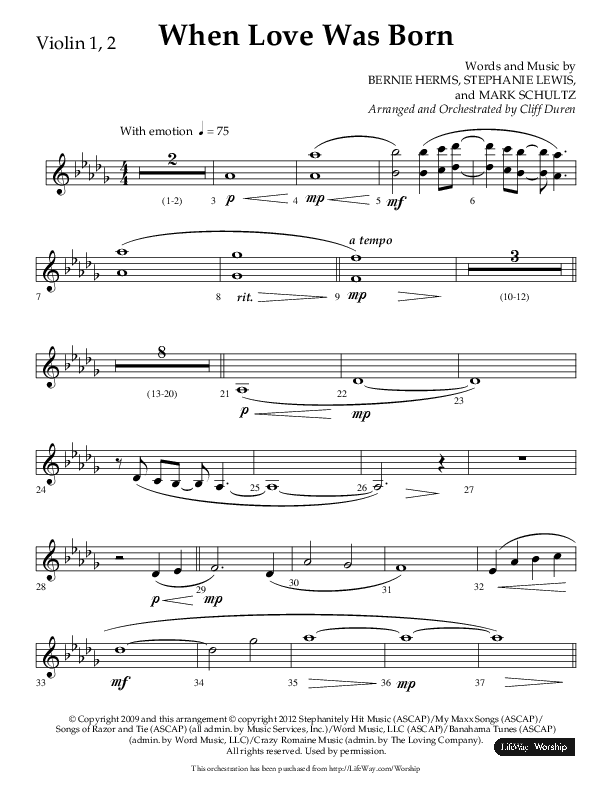 When Love Was Born (Choral Anthem SATB) Violin 1/2 (Lifeway Choral / Arr. Cliff Duren)