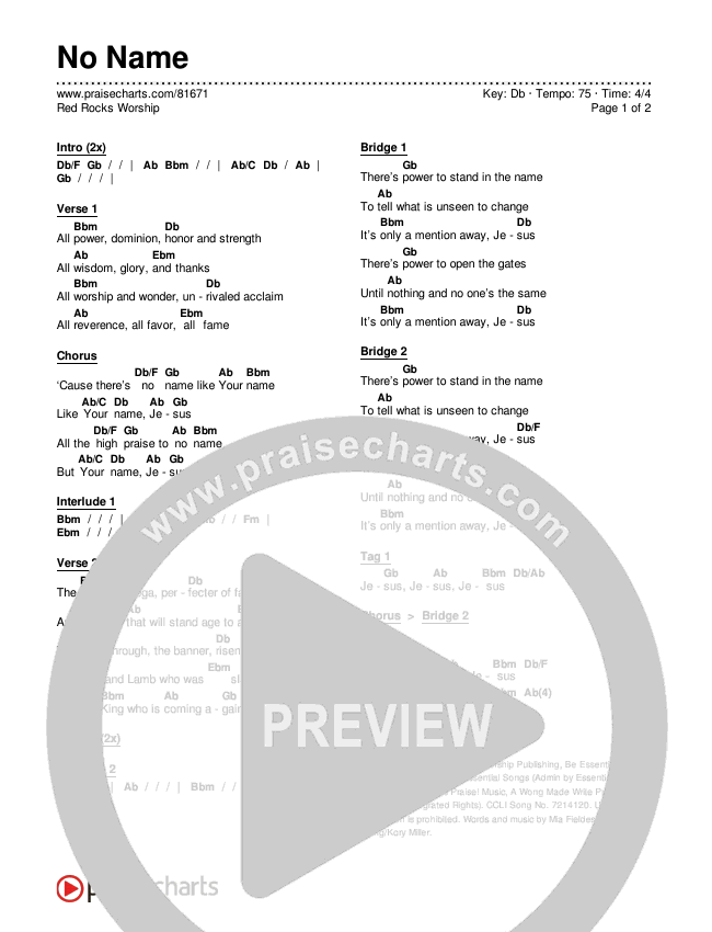 No Name Chords PDF (Red Rocks Worship) PraiseCharts