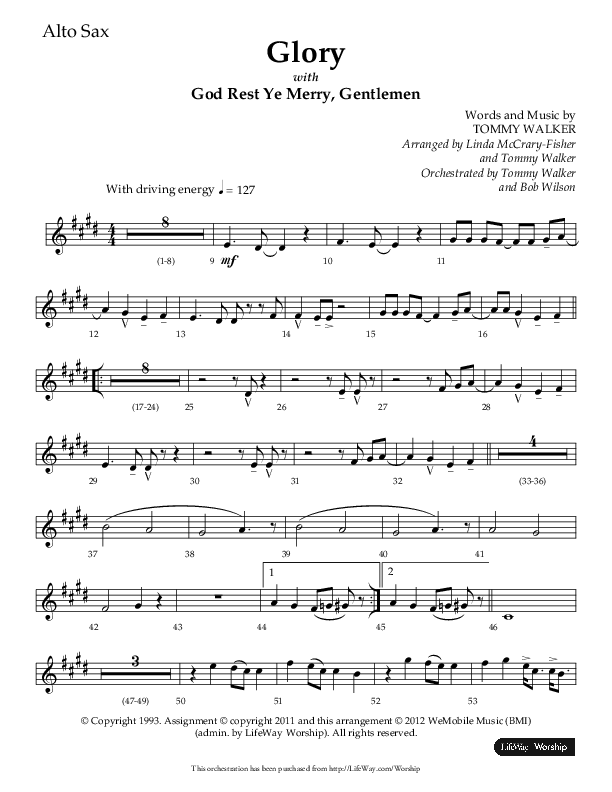 Glory (with God Rest Ye Merry Gentlemen) (Choral Anthem SATB) Alto Sax  Sheet Music PDF (Lifeway Choral / Arr. Linda McCrary-Fisher / Arr. Tommy  Walker) - PraiseCharts