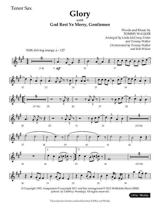 Glory (with God Rest Ye Merry Gentlemen) (Choral Anthem SATB) Tenor Sax 1 (Lifeway Choral / Arr. Linda McCrary-Fisher / Arr. Tommy Walker)