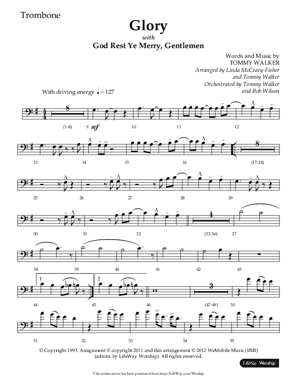 Glory (with God Rest Ye Merry Gentlemen) (Choral Anthem SATB) Trombone (Lifeway Choral / Arr. Linda McCrary-Fisher / Arr. Tommy Walker)