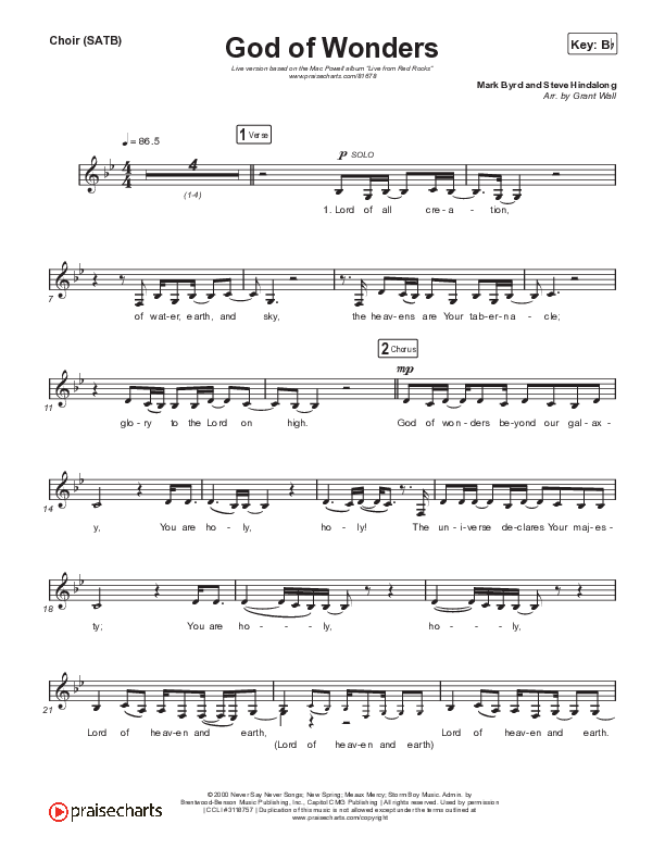 God Of Wonders (Live) Choir Sheet (SATB) (Mac Powell / Andrew Ripp)