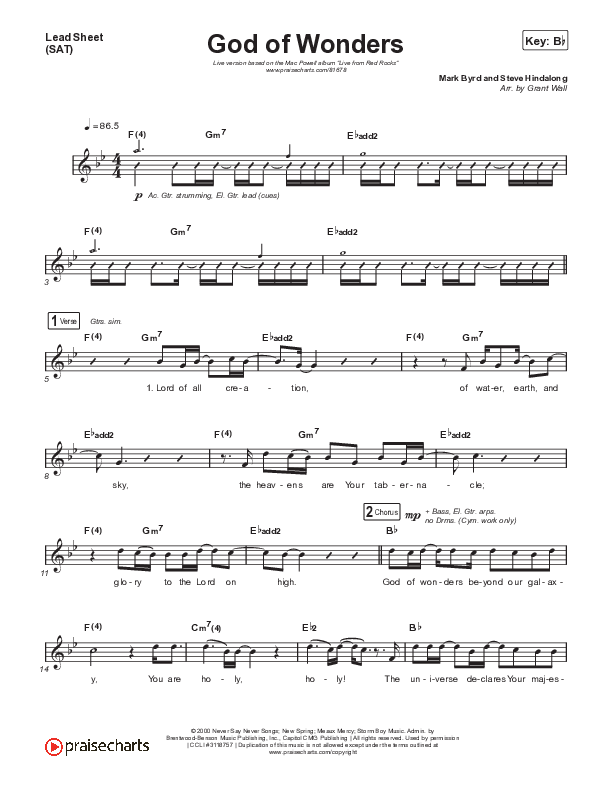 God Of Wonders (Live) Lead Sheet (SAT) (Mac Powell / Andrew Ripp)