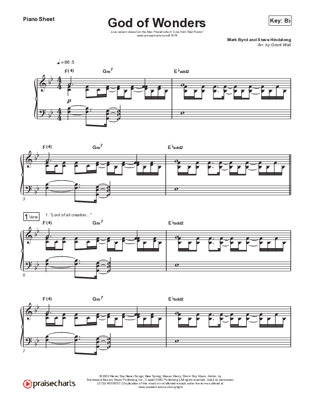 God Of Wonders (Live) Piano Sheet (Mac Powell / Andrew Ripp)