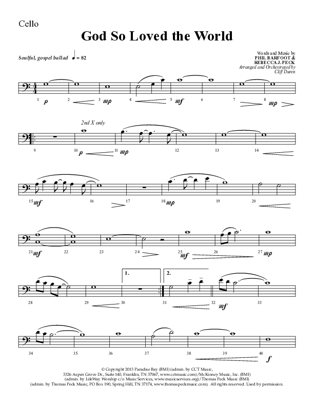 God So Loved The World (Choral Anthem SATB) Cello (Lifeway Choral / Arr. Cliff Duren)
